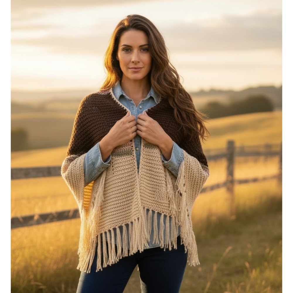 NEW Beige Brown‎ Hand Knitted Shawl Scarf Wrap Boho Fringe Cottage Coastal Indie